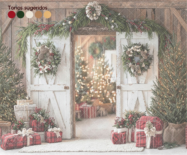 Set rústico navideño con decoración de madera y pino para sesiones fotográficas familiares