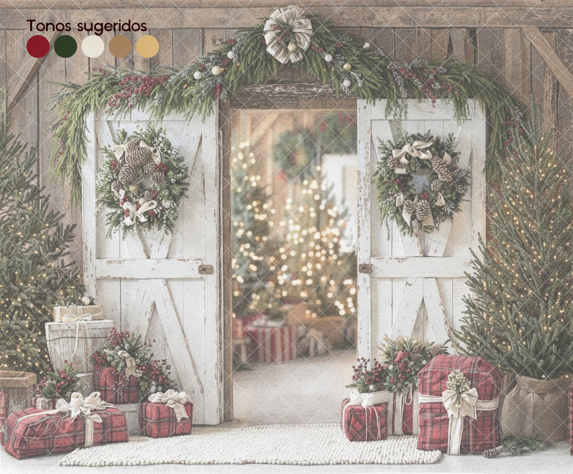 Set rústico navideño con decoración de madera y pino para sesiones fotográficas familiares