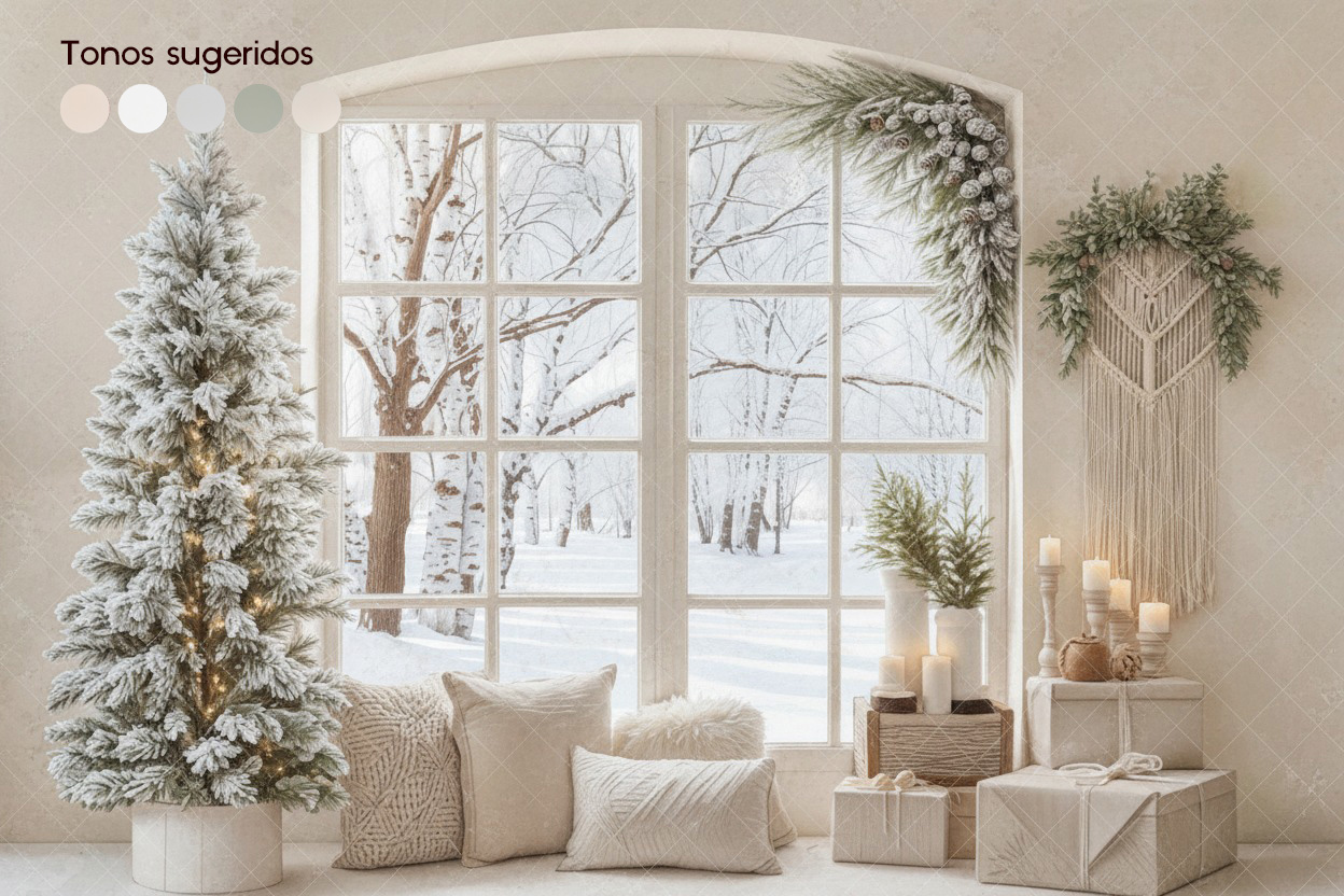 Set elegante navideño minimalista con tonos blancos para fotografías familiares profesionales